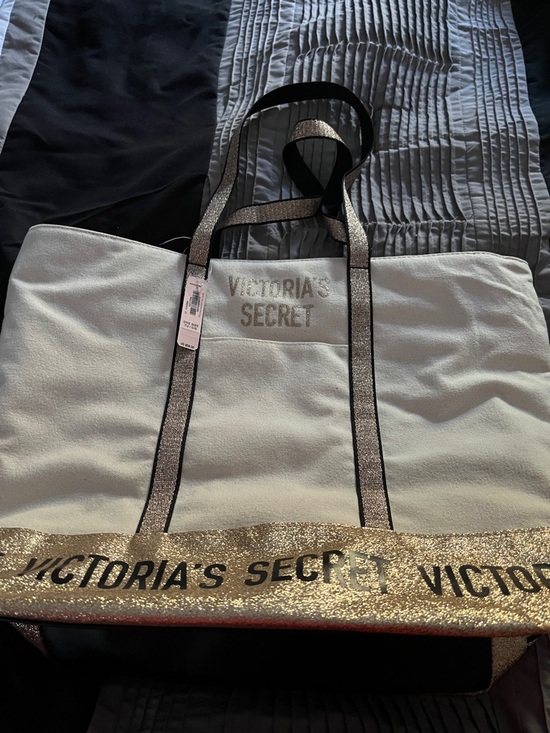 Victoria's Secret Handbags - Victoria's Secret White Tote with Gold Glitter Trim